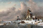Charles Leickert Numerous skaters near a koek-en-zopie on a frozen waterway by a mansion, France oil painting artist